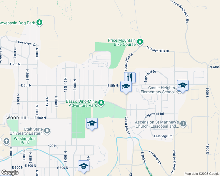 map of restaurants, bars, coffee shops, grocery stores, and more near 805 North 1100 East in Price