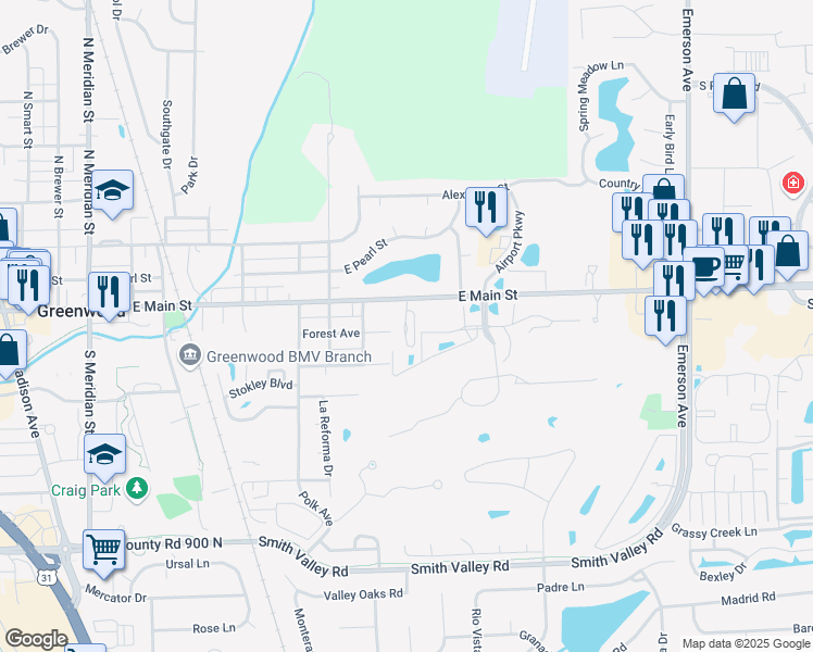 map of restaurants, bars, coffee shops, grocery stores, and more near 635 East Main Street in Greenwood