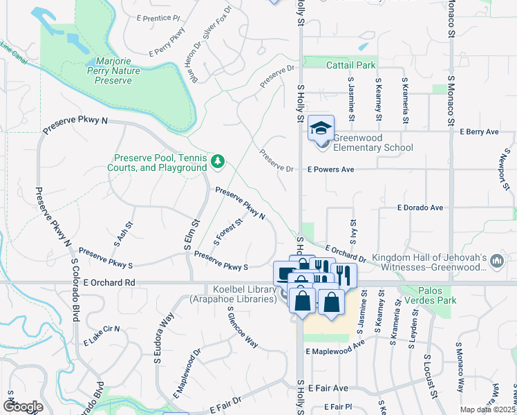 map of restaurants, bars, coffee shops, grocery stores, and more near 5253 Preserve Parkway North in Greenwood Village