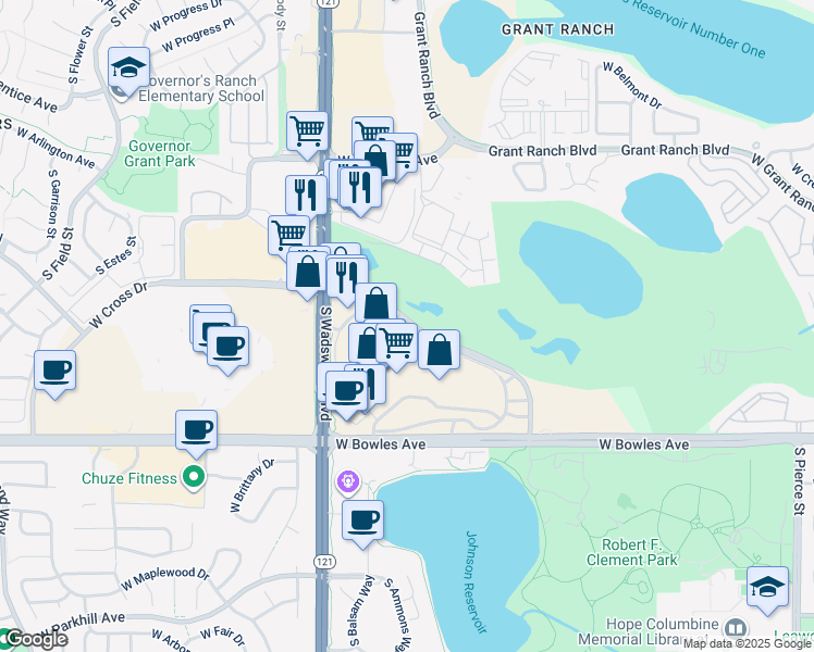 map of restaurants, bars, coffee shops, grocery stores, and more near 8012 West Long Drive in Littleton