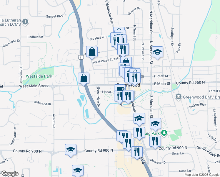 map of restaurants, bars, coffee shops, grocery stores, and more near 385 West Main Street in Greenwood