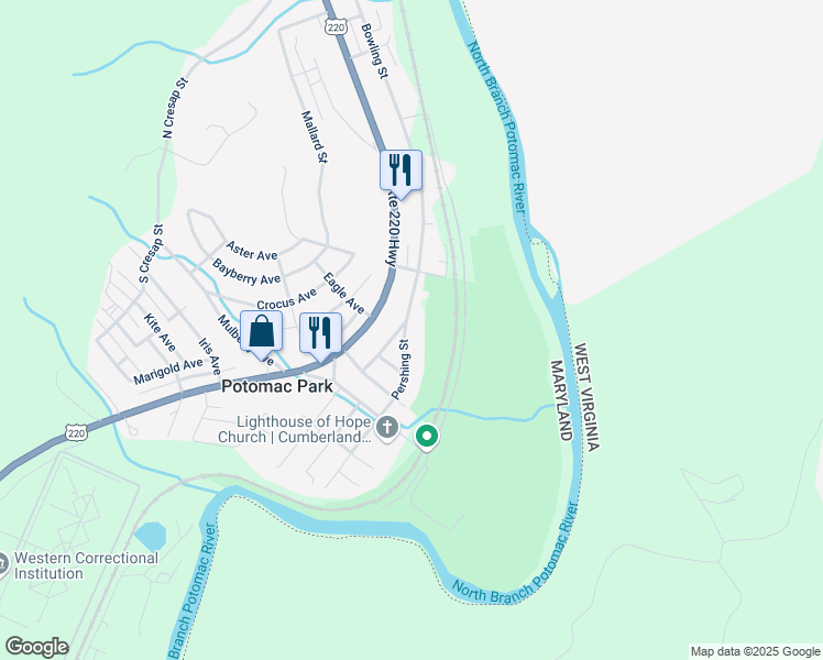 map of restaurants, bars, coffee shops, grocery stores, and more near 13305 Pershing Street in Cumberland