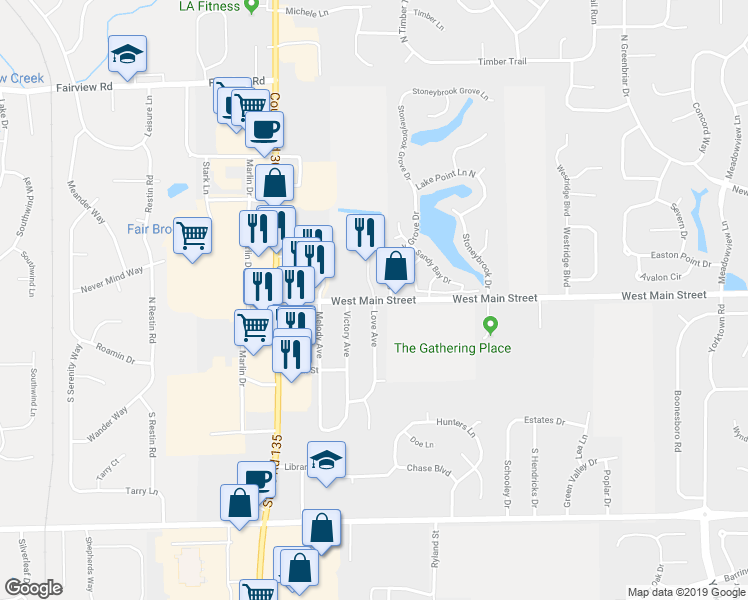 map of restaurants, bars, coffee shops, grocery stores, and more near 199 Love Avenue in Greenwood