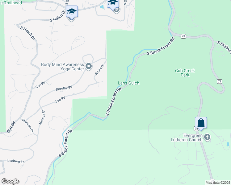 map of restaurants, bars, coffee shops, grocery stores, and more near 5508 South Brook Forest Road in Evergreen