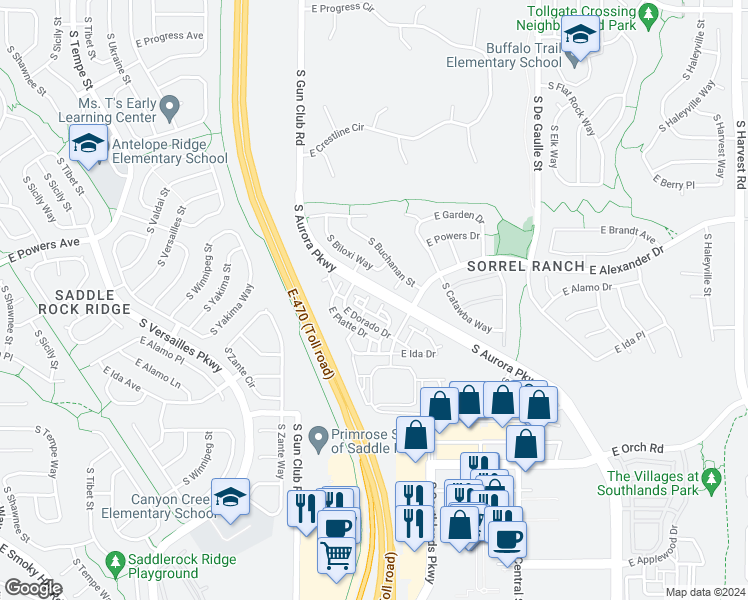 map of restaurants, bars, coffee shops, grocery stores, and more near 23501 East Alamo Place in Aurora