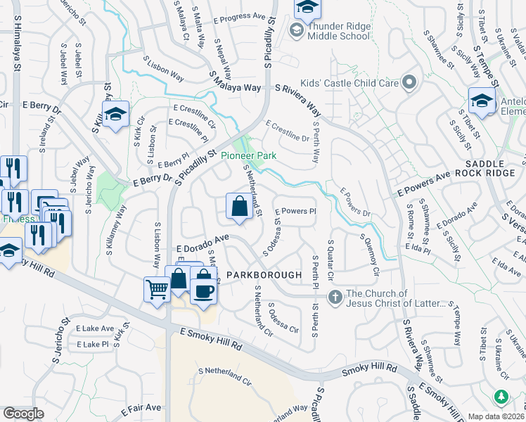 map of restaurants, bars, coffee shops, grocery stores, and more near 5670 South Netherland Street in Centennial