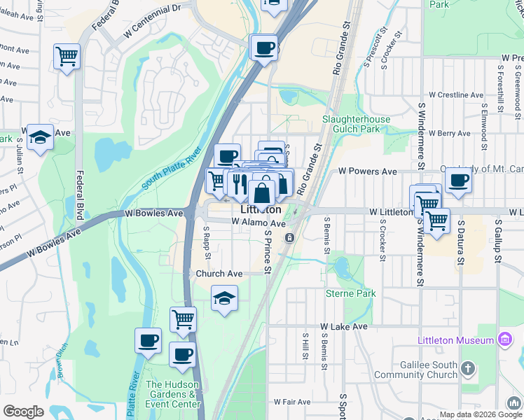 map of restaurants, bars, coffee shops, grocery stores, and more near in Littleton