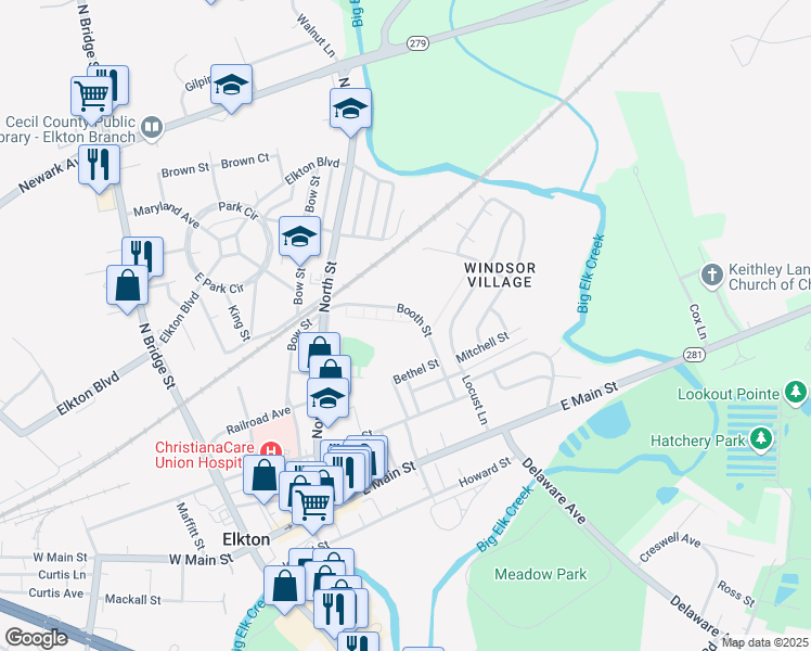 map of restaurants, bars, coffee shops, grocery stores, and more near 413 Booth Street in Elkton