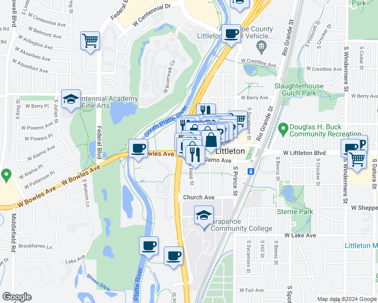 map of restaurants, bars, coffee shops, grocery stores, and more near 5456 West Littleton Boulevard in Littleton