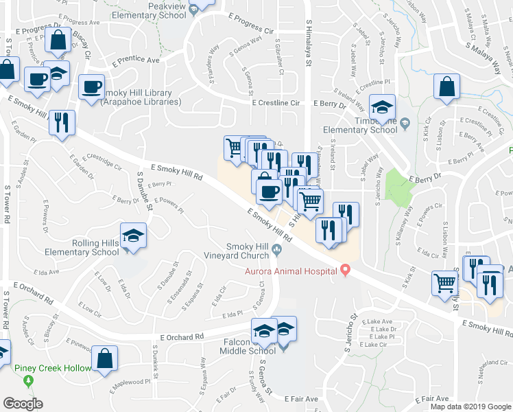 map of restaurants, bars, coffee shops, grocery stores, and more near 5723 South Gibraltar Way in Aurora