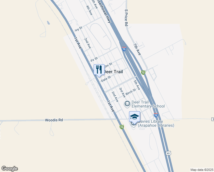 map of restaurants, bars, coffee shops, grocery stores, and more near 588 1st Avenue in Deer Trail