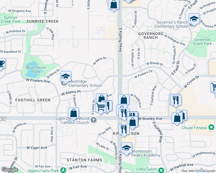 map of restaurants, bars, coffee shops, grocery stores, and more near 5775 South Kline Street in Littleton