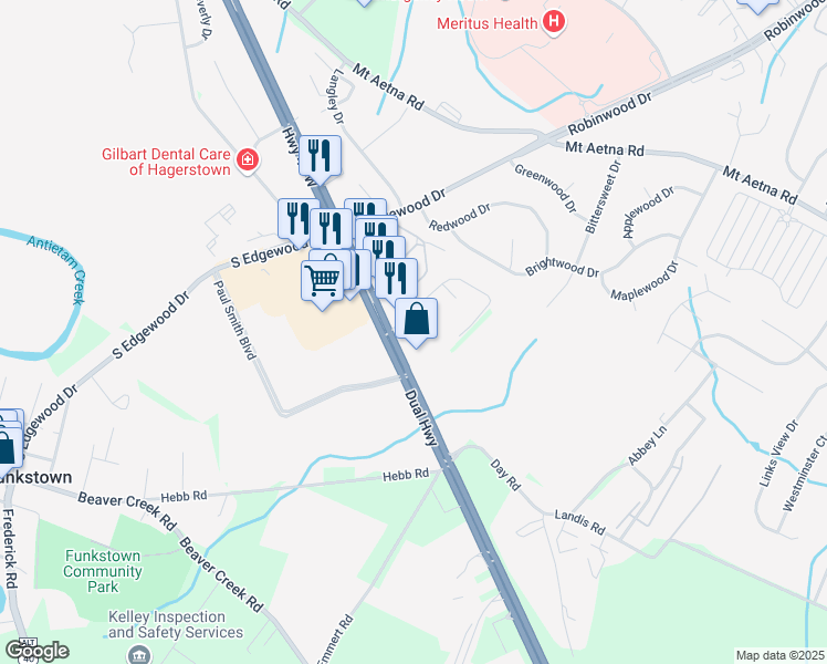 map of restaurants, bars, coffee shops, grocery stores, and more near 1800 Dual Highway in Hagerstown