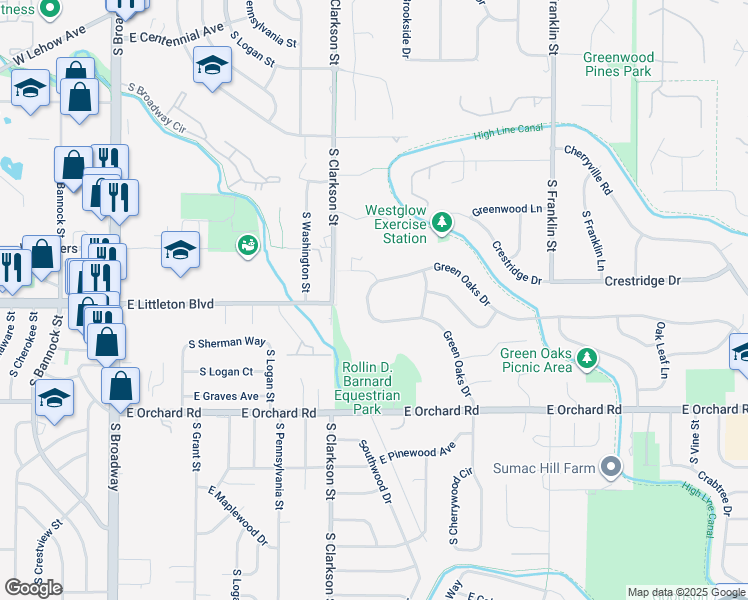 map of restaurants, bars, coffee shops, grocery stores, and more near 5698 Green Oaks Drive in Greenwood Village