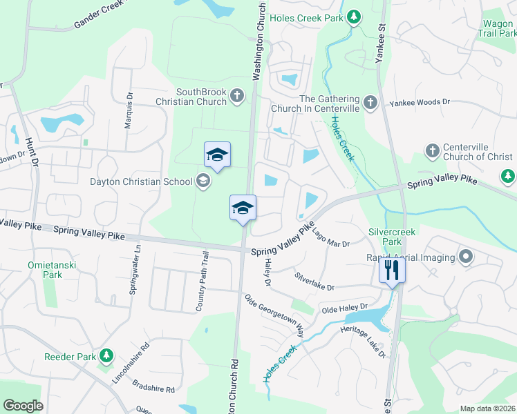 map of restaurants, bars, coffee shops, grocery stores, and more near 1678 Big Bear Drive in Centerville