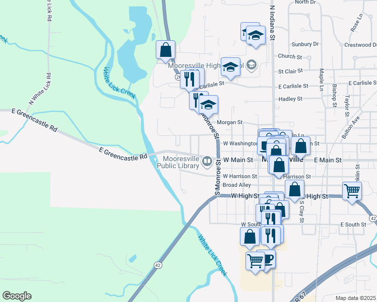 map of restaurants, bars, coffee shops, grocery stores, and more near 20 Commerce Drive in Mooresville
