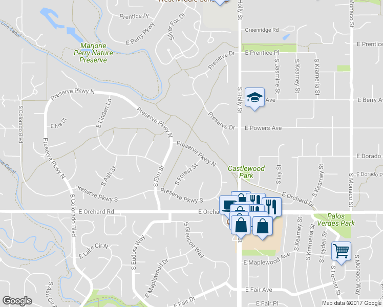 map of restaurants, bars, coffee shops, grocery stores, and more near 5160 Preserve Parkway North in Greenwood Village