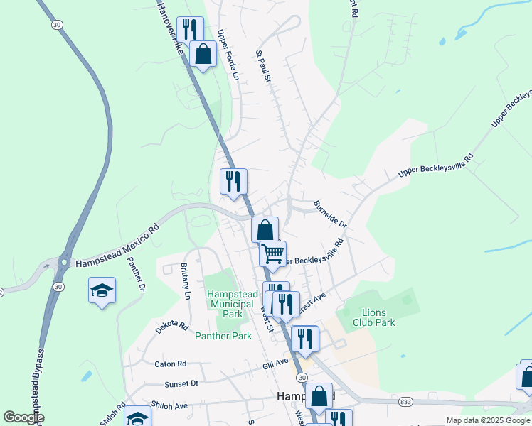 map of restaurants, bars, coffee shops, grocery stores, and more near 1409 Fairmount Road in Hampstead