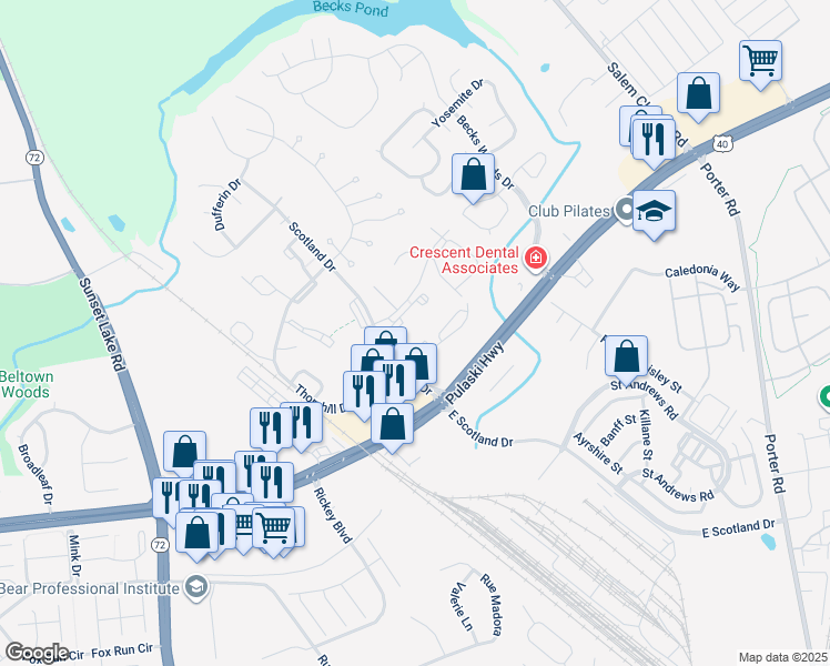 map of restaurants, bars, coffee shops, grocery stores, and more near 2102 Ashkirk Drive in Newark