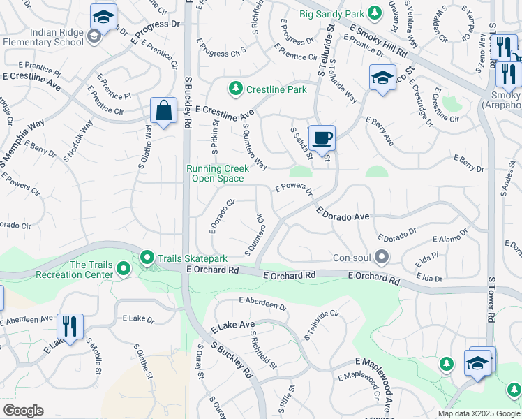 map of restaurants, bars, coffee shops, grocery stores, and more near 5718 South Quintero Circle in Centennial