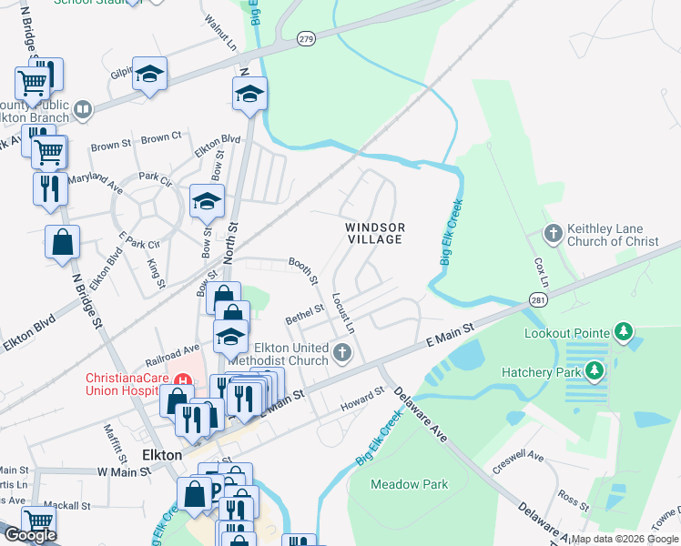map of restaurants, bars, coffee shops, grocery stores, and more near 210 Locust Lane in Elkton