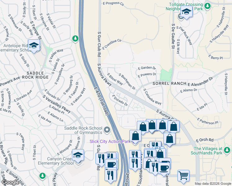 map of restaurants, bars, coffee shops, grocery stores, and more near 30 East Platte Drive in Aurora
