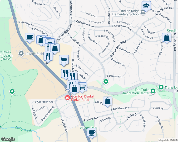 map of restaurants, bars, coffee shops, grocery stores, and more near 15667 East Powers Drive in Centennial