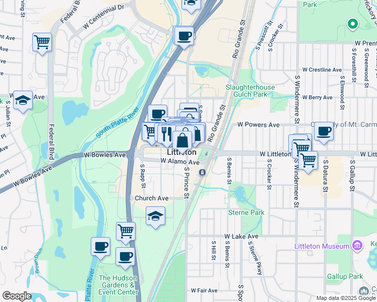 map of restaurants, bars, coffee shops, grocery stores, and more near in Littleton