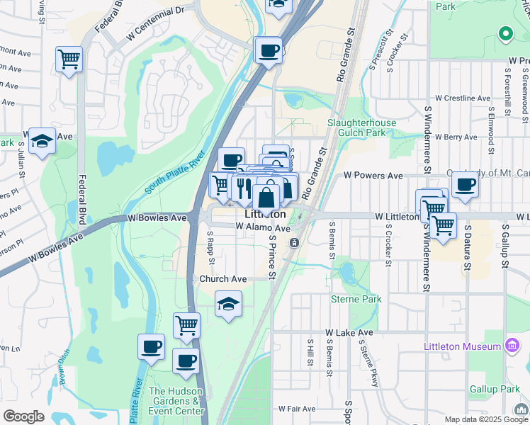 map of restaurants, bars, coffee shops, grocery stores, and more near in Littleton
