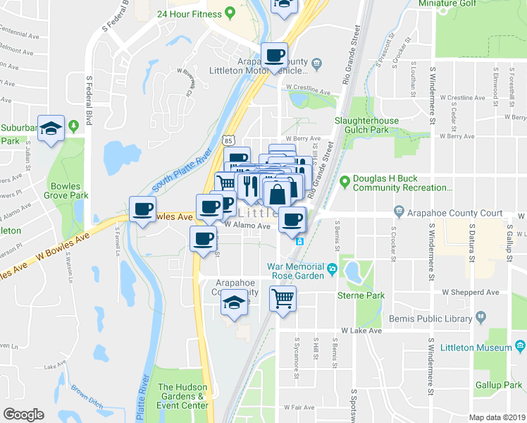map of restaurants, bars, coffee shops, grocery stores, and more near in Littleton