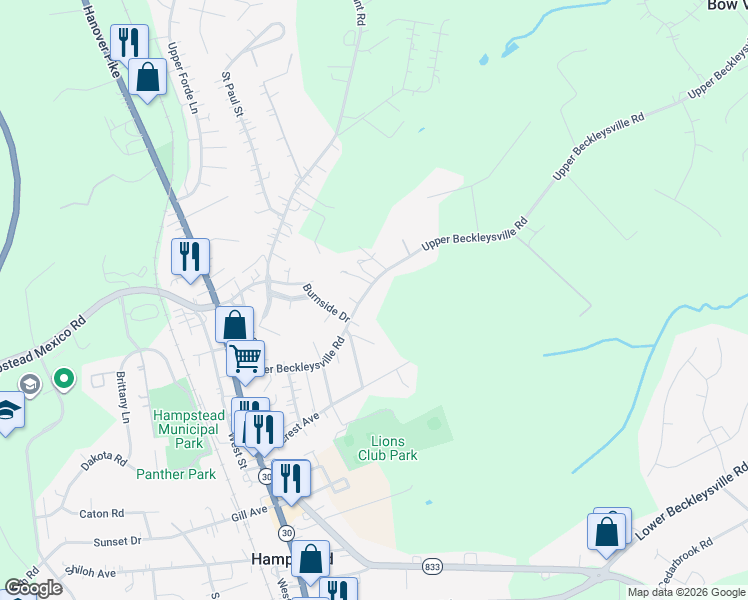 map of restaurants, bars, coffee shops, grocery stores, and more near 4209 Upper Beckleysville Road in Hampstead