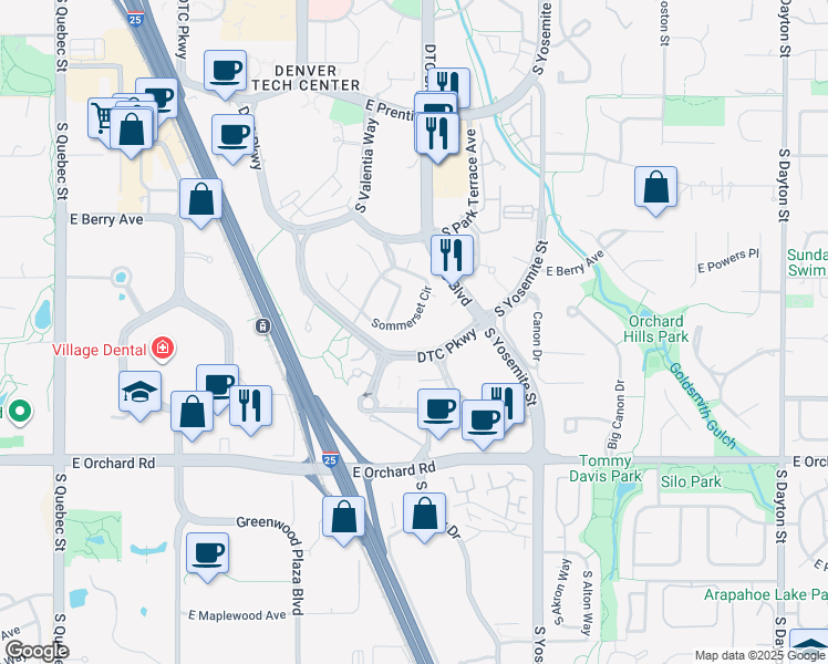 map of restaurants, bars, coffee shops, grocery stores, and more near 17-5750 DTC Parkway in Greenwood Village