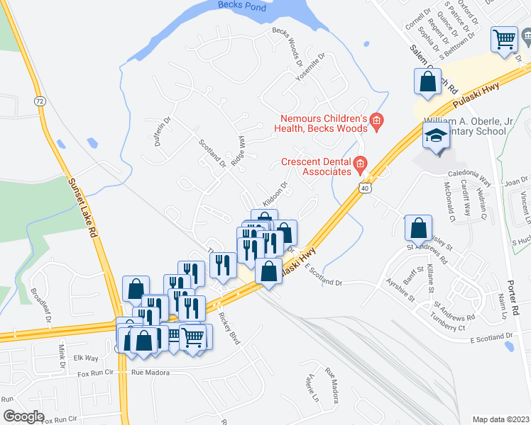 map of restaurants, bars, coffee shops, grocery stores, and more near 3002 Kildoon Drive in Newark