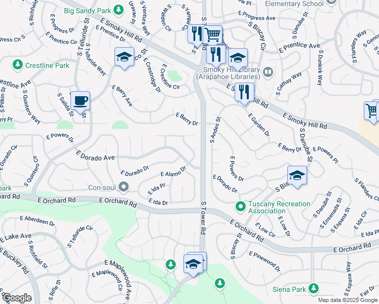 map of restaurants, bars, coffee shops, grocery stores, and more near 5672 South Yampa Street in Centennial