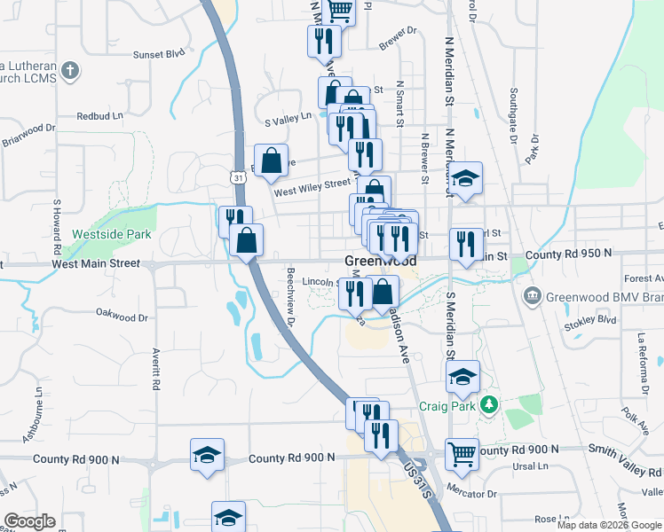 map of restaurants, bars, coffee shops, grocery stores, and more near 385 West Main Street in Greenwood