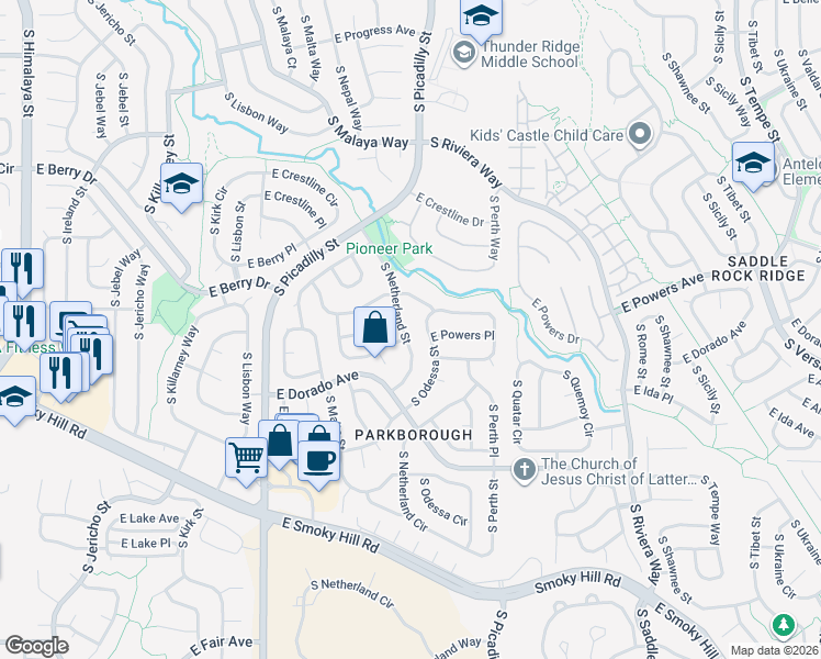 map of restaurants, bars, coffee shops, grocery stores, and more near 5670 South Netherland Street in Centennial