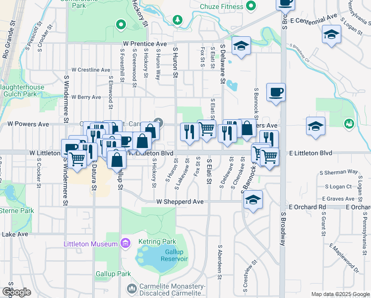 map of restaurants, bars, coffee shops, grocery stores, and more near 799 West Littleton Boulevard in Littleton