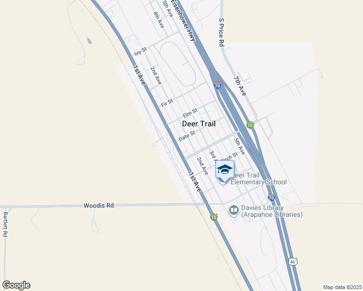 map of restaurants, bars, coffee shops, grocery stores, and more near 588 1st Avenue in Deer Trail