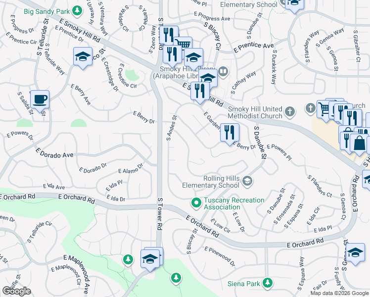map of restaurants, bars, coffee shops, grocery stores, and more near 18670 East Powers Drive in Aurora