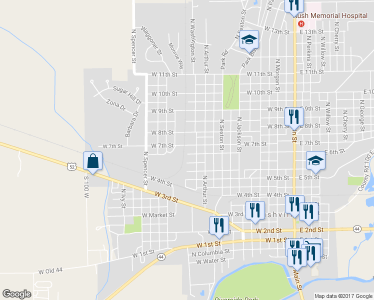 map of restaurants, bars, coffee shops, grocery stores, and more near 637 West 7th Street in Rushville