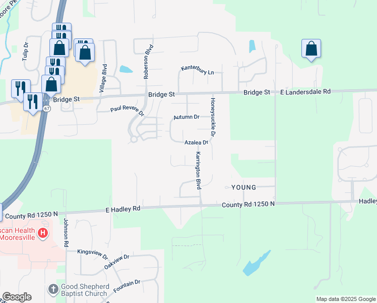 map of restaurants, bars, coffee shops, grocery stores, and more near 106 Elderbury Court in Mooresville