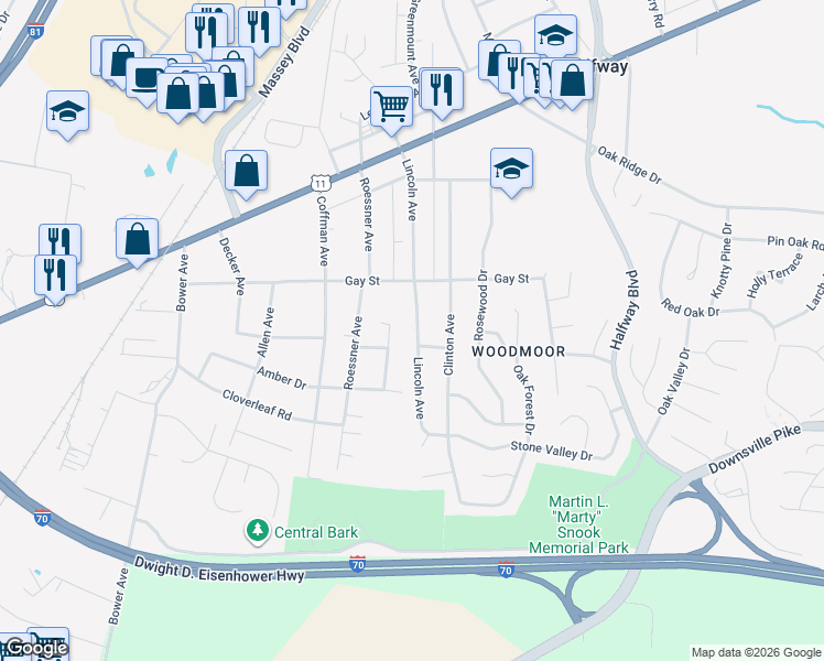 map of restaurants, bars, coffee shops, grocery stores, and more near 10906 Lincoln Avenue in Hagerstown