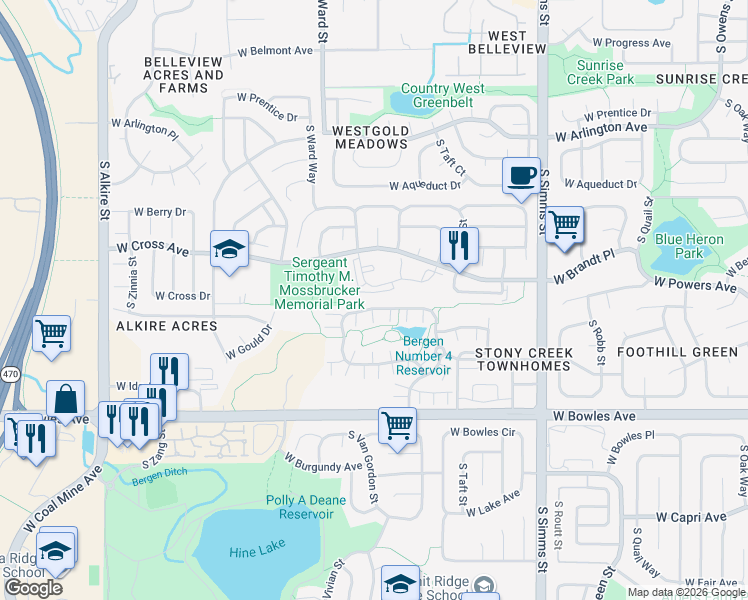 map of restaurants, bars, coffee shops, grocery stores, and more near 12208 West Dorado Place in Littleton