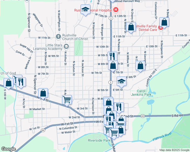 map of restaurants, bars, coffee shops, grocery stores, and more near 622 North Harrison Street in Rushville