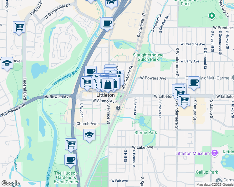 map of restaurants, bars, coffee shops, grocery stores, and more near 2310 Main Street in Littleton
