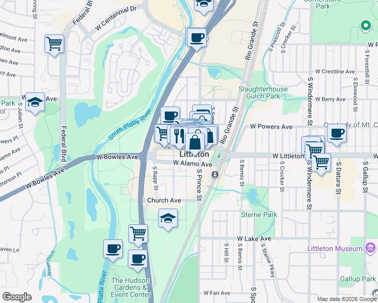 map of restaurants, bars, coffee shops, grocery stores, and more near in Littleton