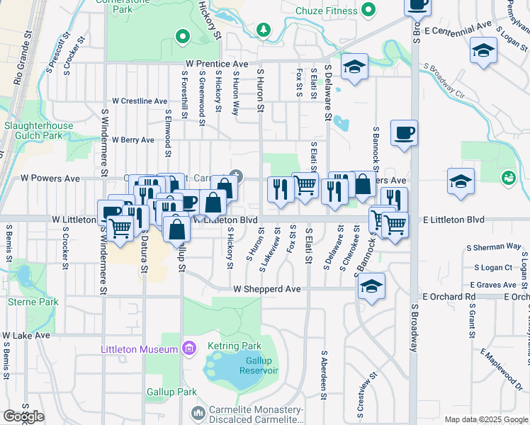 map of restaurants, bars, coffee shops, grocery stores, and more near 799 West Littleton Boulevard in Littleton