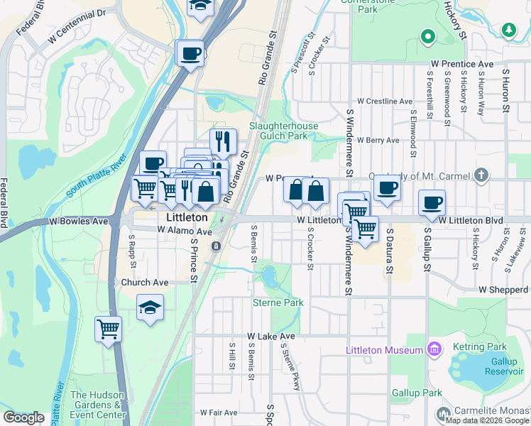 map of restaurants, bars, coffee shops, grocery stores, and more near 2049 W Littleton Blvd in Littleton