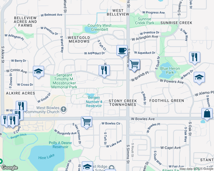 map of restaurants, bars, coffee shops, grocery stores, and more near 11868 W Cross Dr in Littleton