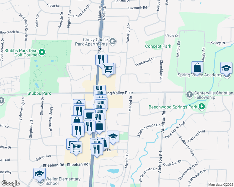 map of restaurants, bars, coffee shops, grocery stores, and more near 170 East Spring Valley Pike in Centerville